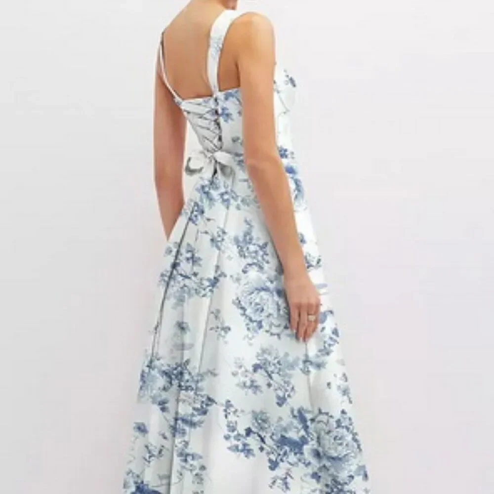 Alfred Sung Cottage Rose Larkspur Bustier Tie Back Gown D852FP - Picture 5 of 6